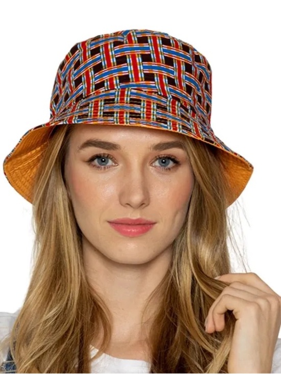 Accessories - Women's Multicolor Plaid Bucket Hat with Orange Interior